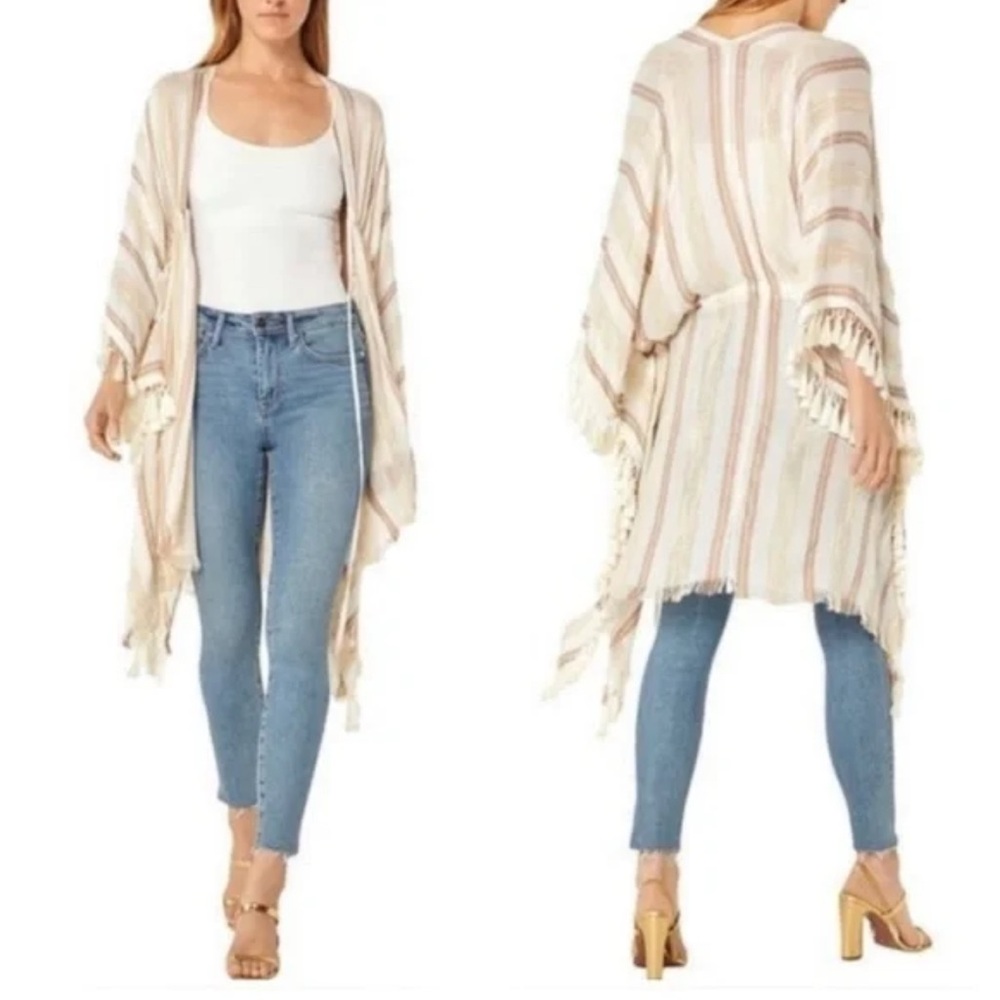 $98 BCBG Max Azria Women's Beige Tassel Stripe Ponco Caftan Cover-Up One Size